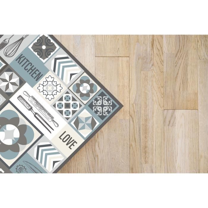 Tapis Vinyle Panorama Cuisine Collage Mots Carrelage Bleu 40x80 cm - Tapis pour Cuisine, Bureau et Salon en PVC