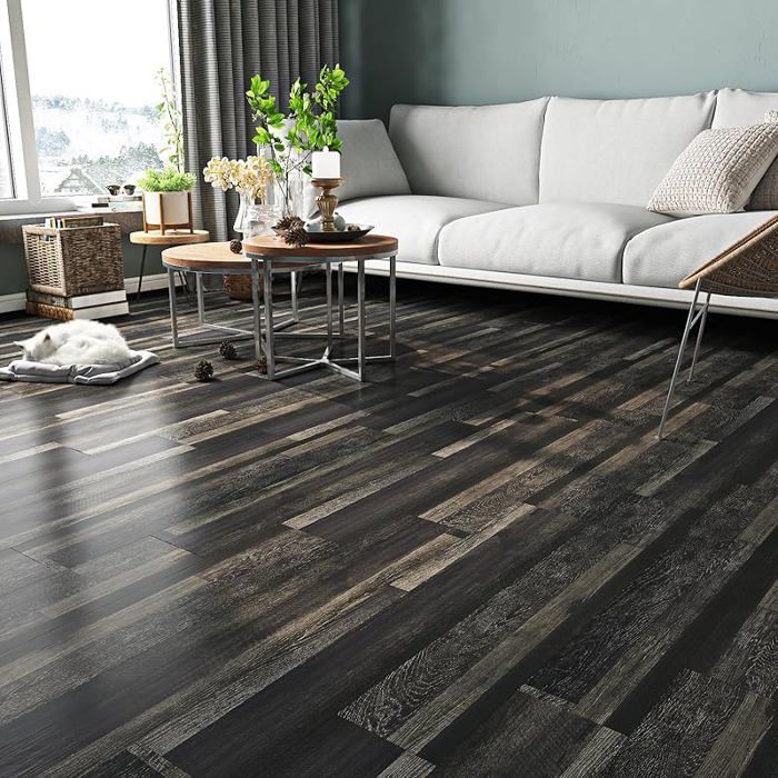 Suelo adhesivo de PVC grueso, efecto madera retro negro, 90x15cm, suelo adhesivo de linóleo, efecto parquet, 90x15cm, 18 piezas, madera, fondo de madera, suelo de PVC