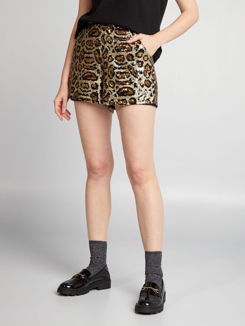 Shorts met luipaardprint en pailletten - ZWART