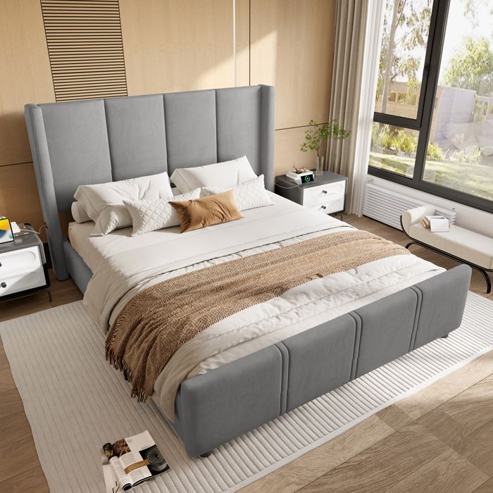 Upholstered Double Bed 160×200 cm with Wooden Slatted Base, High Headboard and Footboard and USB Port - Soft Short Velvet - Grey