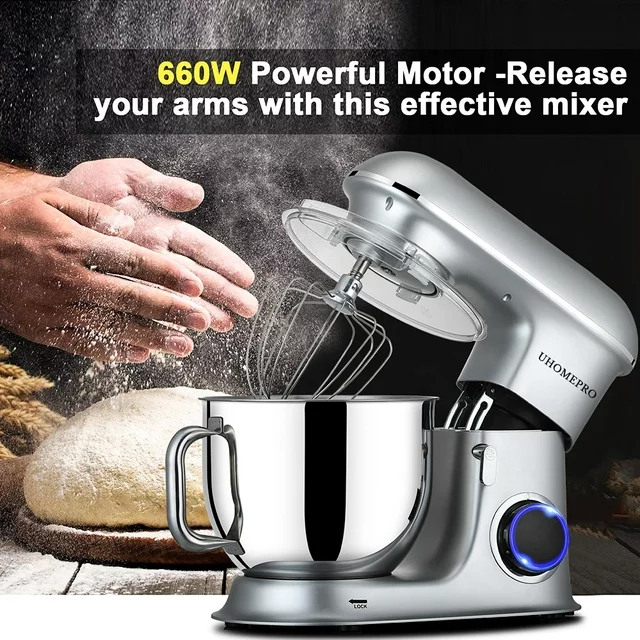 uhomepro 7,5 QT staande mixer voor de keuken, 6+0+P-snelheden, kantelbare kop, 660W deegmixer, elektrische keukenmixer voor thuis en commercieel gebruik met deeghaak, klopper, eiergarde, spatel, vaatwasmachinebestendig