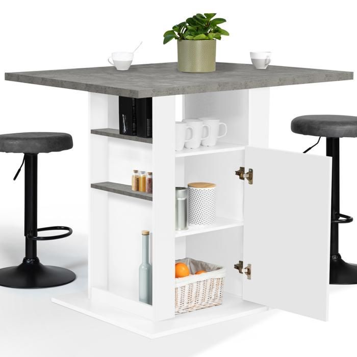 IDMARKET Ilot central UGO 110 cm plateau effet béton et blanc avec rangements