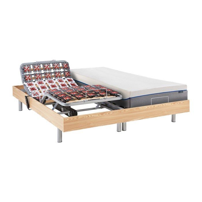 Cama eléctrica de relajación con base de láminas y colchón de espuma viscoelástica - 2 x 80 x 200 cm - Roble - HESIODE III de YSMÉE