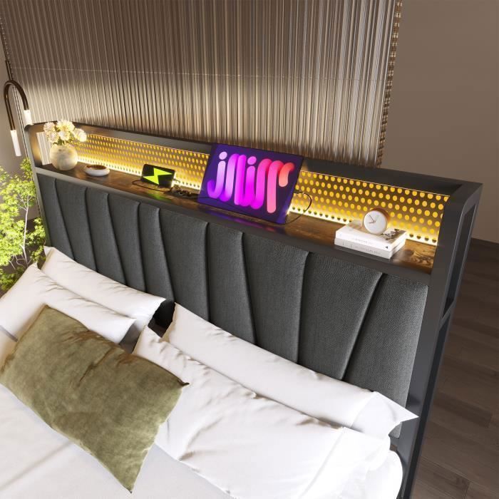 Letto matrimoniale 180x200 cm, letto contenitore - Testiera con porta USB - Illuminazione a LED - Grigio