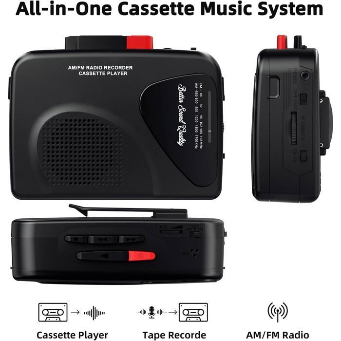KAL Portable Cassette Player/Recorder, AM/FM Radio, Speaker, T201, Black