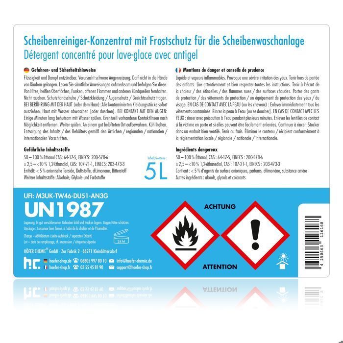 Antigelo premium per finestre 5L -60 gradi concentrato per finestrini auto, compatibile con policarbonato, con fresca fragranza agrumata