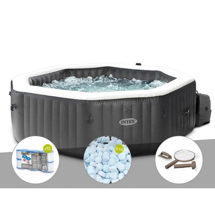 Kit spa gonflable Intex PureSpa Carbone octogonal Bulles et Jets 4 places + 12 filtres + 5 kg de sel + Kit d'entretien