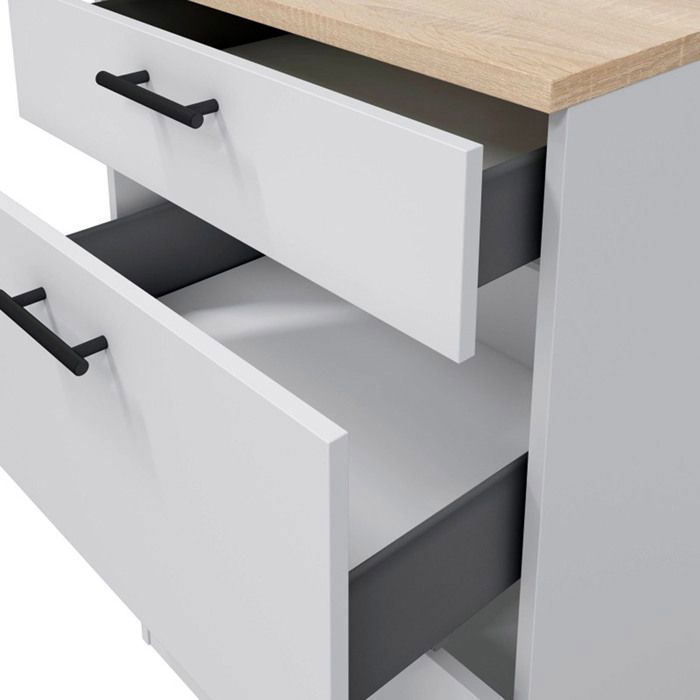 Mobile base da cucina con 3 cassetti e piano di lavoro in bianco lucido/rovere canadese.
