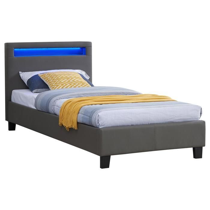 Cama de solteiro LUCENO com LED, 90x190 cm, estrado de ripas, cabeceira confortável e estofamento em material sintético cinza.