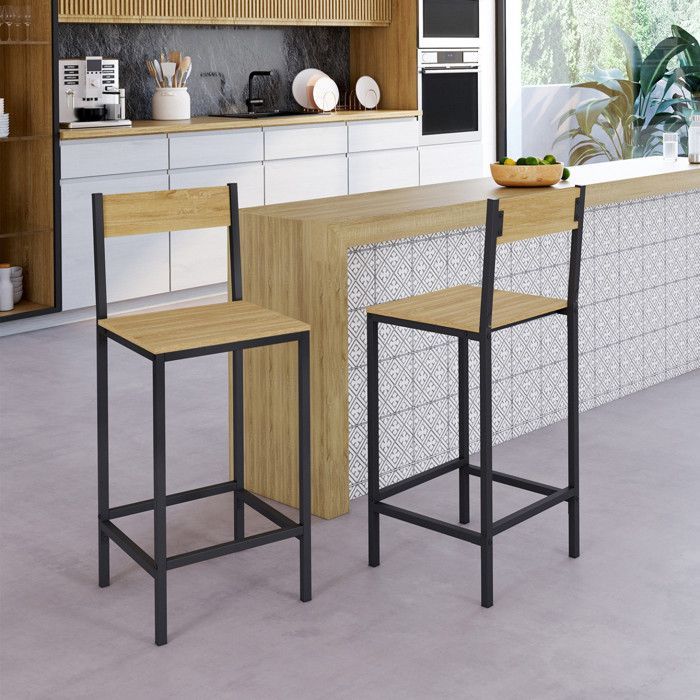 IDMARKET Set of 2 DETROIT bar stools with backrest, industrial design kitchen chair