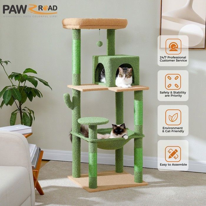 PAWZ Road Arbre à chat Design Spacieux Grande Hamac Dur Stable Avec hamac et belle maison pour chat - Cactus vert - 143 cm