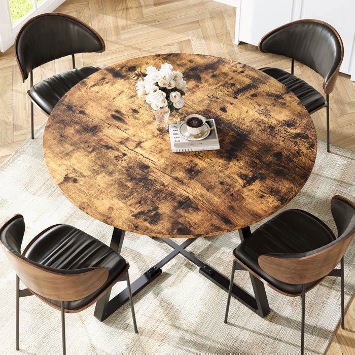 Table à manger ronde 120 x 120 cm, petite table de cuisine, table de salle à manger avec étagère pour 4 à 6 personnes, Marron