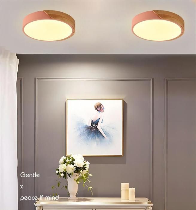 WOTTES Runde Holz-Deckenleuchte – Moderne LED-Deckenleuchte für Wohnzimmer, Schlafzimmer, Flur, Küche – 30 x 30 cm – Rosa – Warmweiß