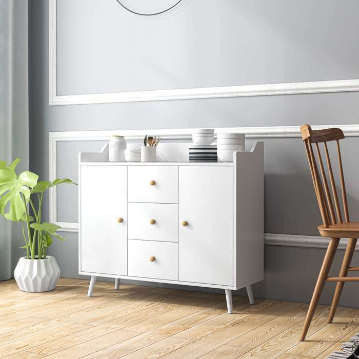Aparador - HOMCOM - 2 puertas, 3 cajones y patas de madera maciza - estilo moderno - aglomerado - 90 x 32 x 80 cm - blanco