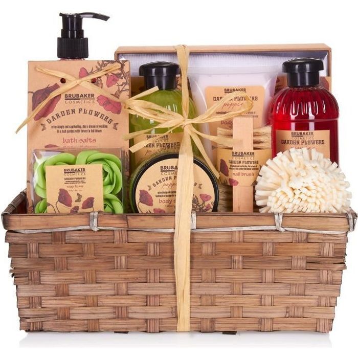 BRUBAKER Cosmetics - Coffret de bain & douche - Fleur de coquelicot - 14 Pièces - Panier d'osier décoratif - Idée cadeau