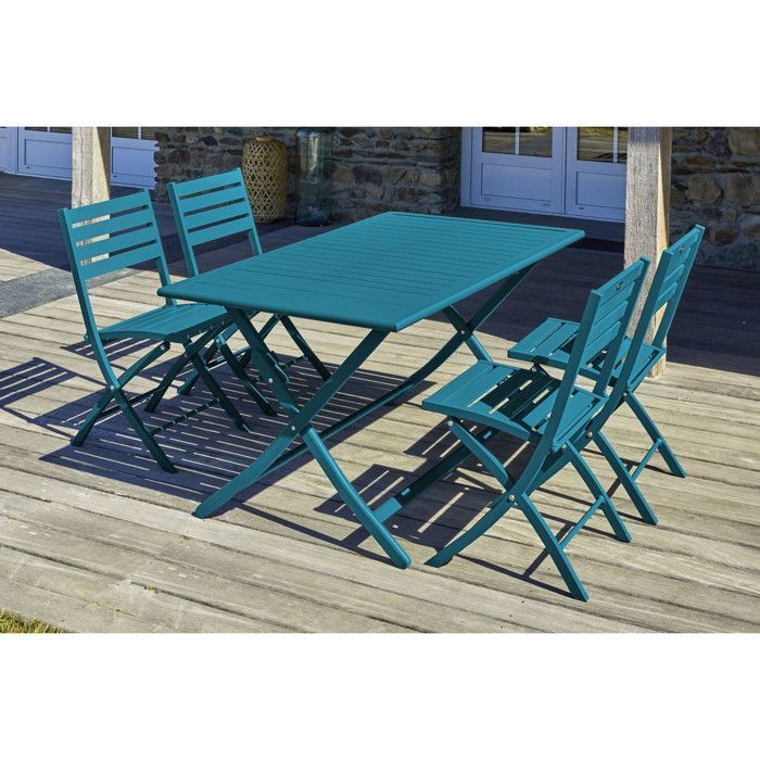 Ensemble repas de jardin 4 places en aluminium bleu canard - Bleu canard