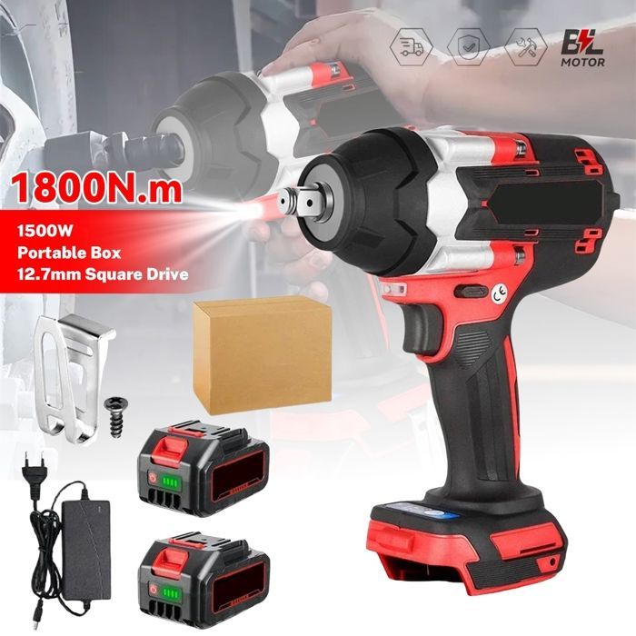 Avvitatore a impulsi professionale a batteria da 1500 W, 1800 Nm, motore brushless, 3 velocità + LED, per bulloni M10-M24, ideale per cantieri e officine.