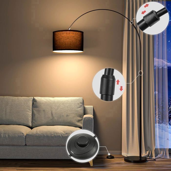 Modlicht Jasmin Bogen-Stehleuchte | Klassische Stehleuchte mit schwarzem Schirm, 33 cm, inklusive E27 9W LED-Leuchtmittel und Fußschalter