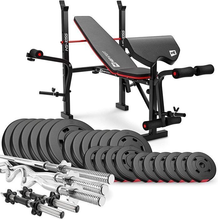 Hop-Sport HS-1055 opklapbare halterbank met halterset van 129,5 kg, curlpad, butterfly-apparaat en leg press.