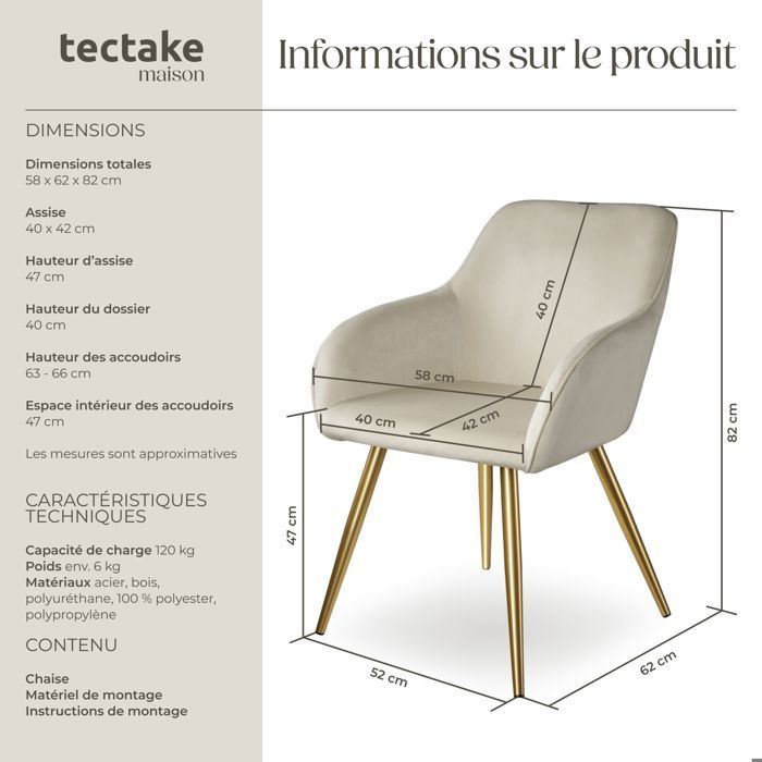 Silla - TECTAKE - Silla de comedor MARYLIN en terciopelo con patas de acero dorado - Crema/Dorado