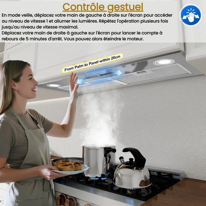 Hotte Asipirante,hotte encastrable,400 m³/h,Fonction Booster, A++,Recyclage avec filtre charbon ,Gestuelle  Tactile,72CM