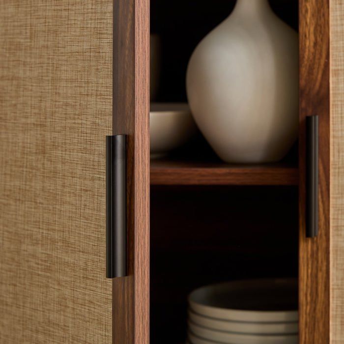 CALICOSY - 3-door sideboard in walnut finish with fabric fronts, 140 cm wide - JETSON - Dark wood