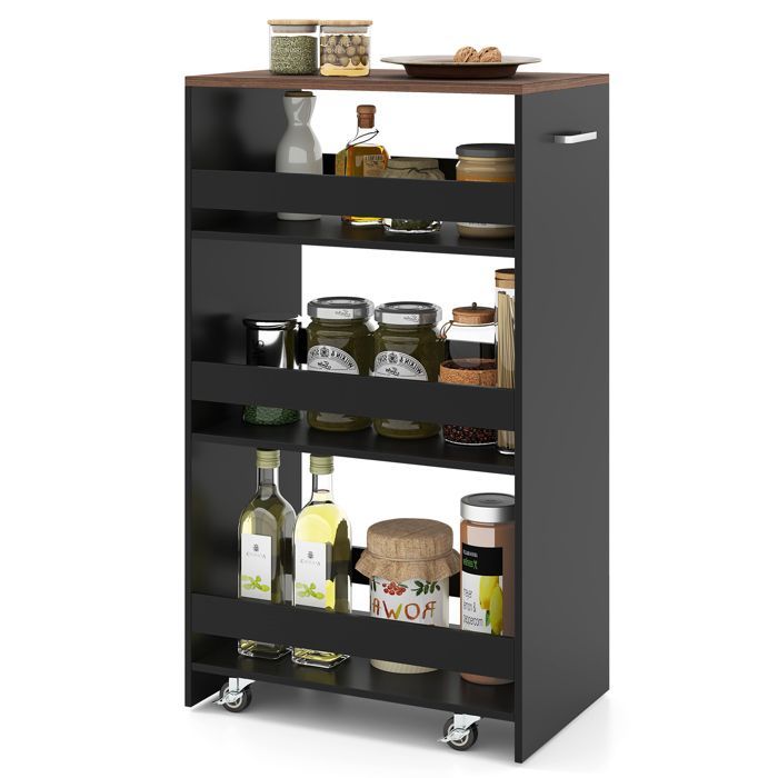Carrello da cucina stretto COSTWAY da 30 cm, con ruote e freni, carrello portaoggetti a 4 ripiani con maniglia laterale, nero e marrone.