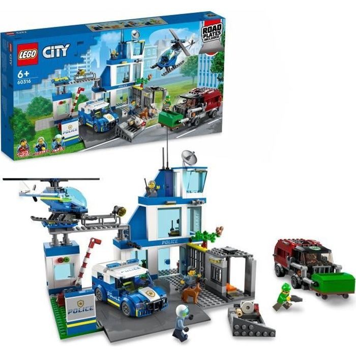 LEGO® City 60316 Politiebureau, speelgoedhelikopter, politieauto, hondenfiguur, speelgoedvuilniswagen