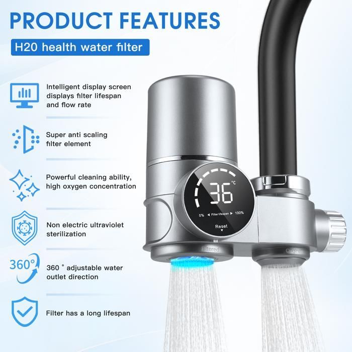 Rubinetto da cucina con filtro per l'acqua, display a LED e filtro a carboni attivi per rimuovere cloro e metalli pesanti.