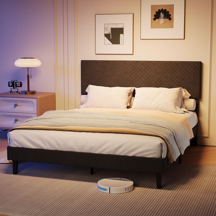 Tweepersoonsbed 140x200 cm, lattenbodem, grijs linnen, inclusief hoofdbord, natuurlijke en moderne stijl voor de slaapkamer, eenvoudig te monteren