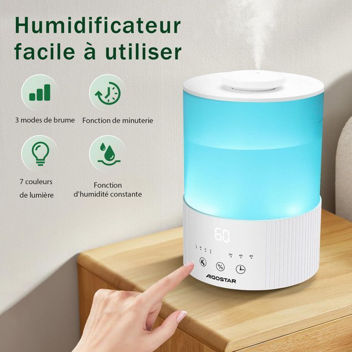 Aigostar Misty - Umidificatore diffusore di oli essenziali silenzioso. Timer di 8 ore e spegnimento automatico. LED a 7 colori.
