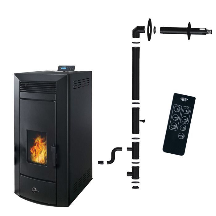 Estufa de pellets hidráulica sellada negra Sannover Kleona de 22,7 kW + kit de instalación