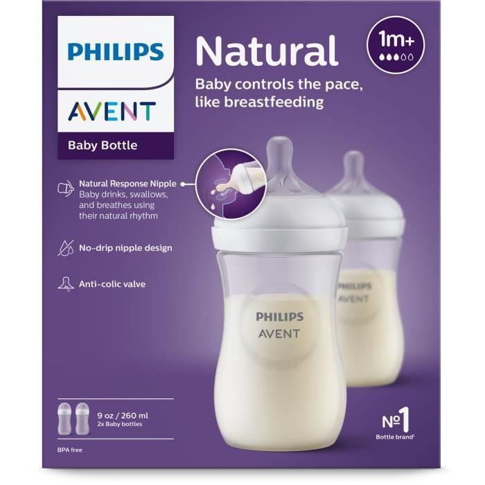 Set van 2 babyflessen - PHILIPS AVENT - Natural 3.0 - Anti-koliek - 260 ml - AirFree - Speen in borstvorm - Wit