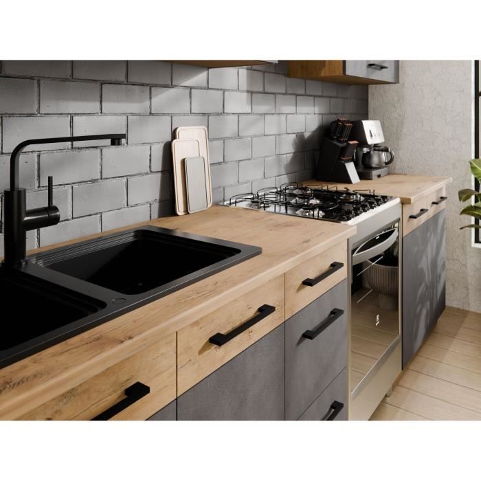 ROCK 7-delige complete keuken - Lancelot eikenhout en Matera grijs afwerking - B260 x D52 x H82 cm - Werkblad niet inbegrepen
