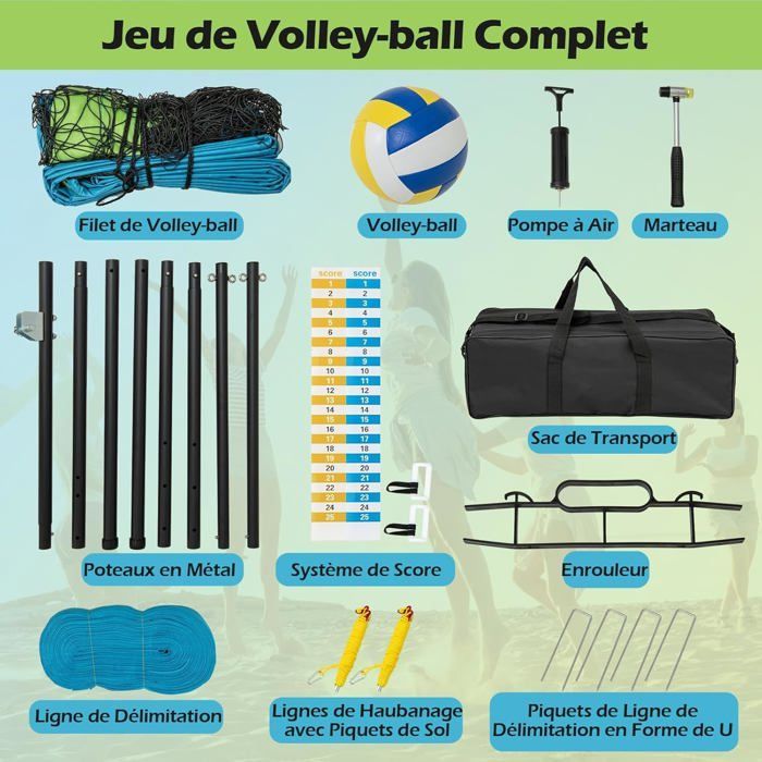 Red de voleibol exterior GOPLUS de altura regulable, kit completo de voleibol con postes metálicos, 9,75 m x 0,9 m (verde)