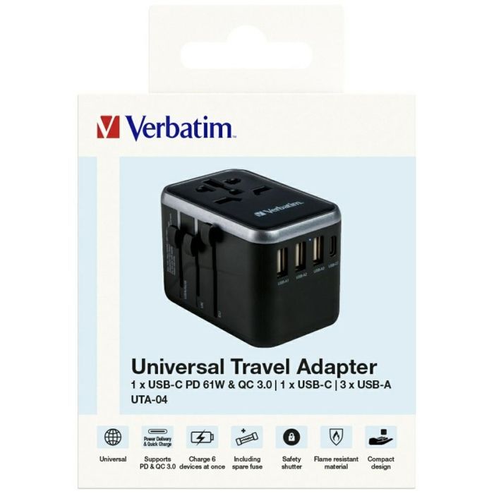 Adattatore CA - Verbatim - UTA-04 - Universale - Grigio/Nero - Da viaggio