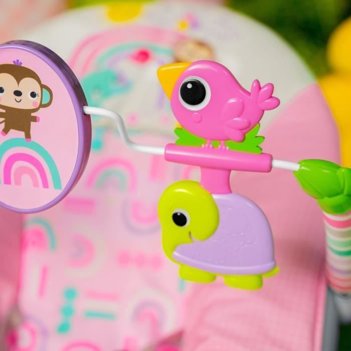 BRIGHT STARTS Baby Bouncer with Animals - Pink, Soothing Vibrations, Activity Arch with Interactive Toys