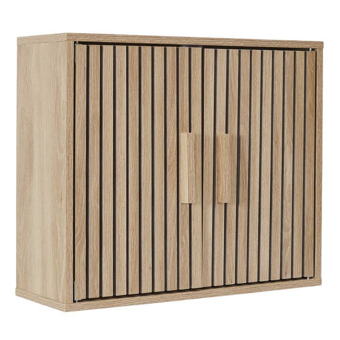 PAJAN - Armario de pared de 2 puertas con efecto madera y listones de madera