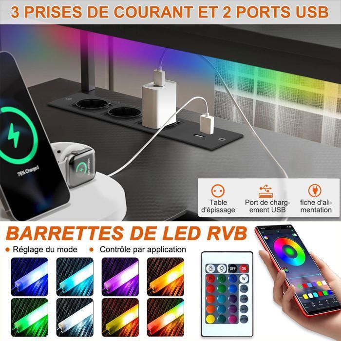 L-vormig gamingbureau - 140x120x75 cm - Hoekbureau met opbergruimte - Monitorstandaard - 2 USB-opladers, 3 stopcontacten, LED-verlichting