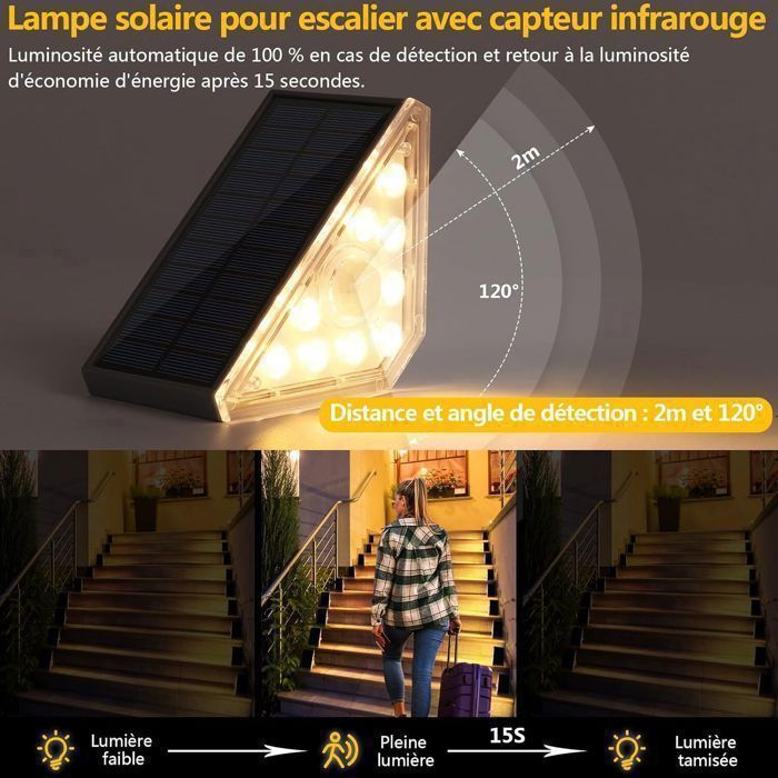 2 Stück Solar-Treppenleuchten, 300 lm LED-Solar-Außentreppenbeleuchtung mit Bewegungsmelder