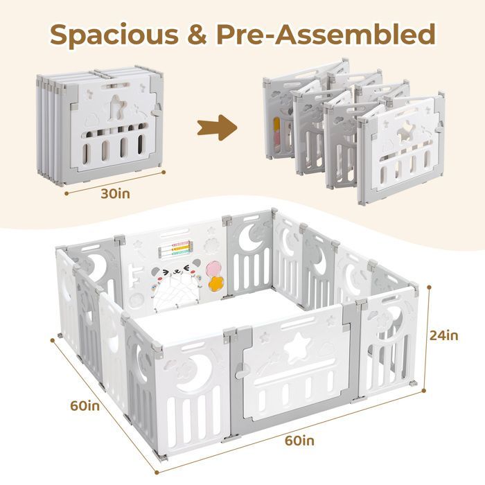 Foldable Baby Playpen with 14 Panels, 150×150 cm, Modular Plastic Baby Playpen, Baby Playpen with Door and Activity Panel