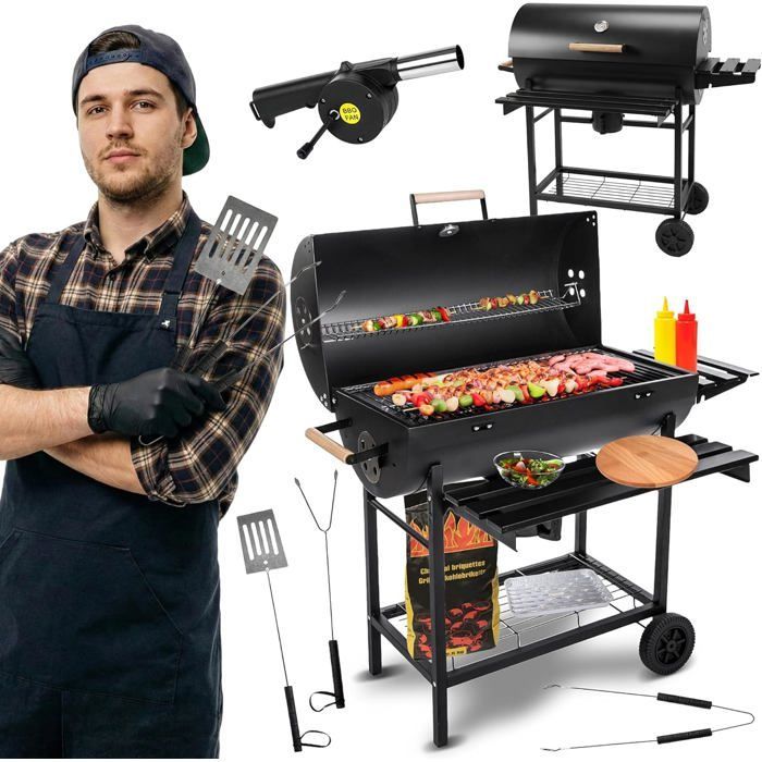 Five-Star Grill & Chill Barbecue charbon de bois - barbecue de jardin, barbecue charbon grande grille chromée 71×35 cm, GC0002