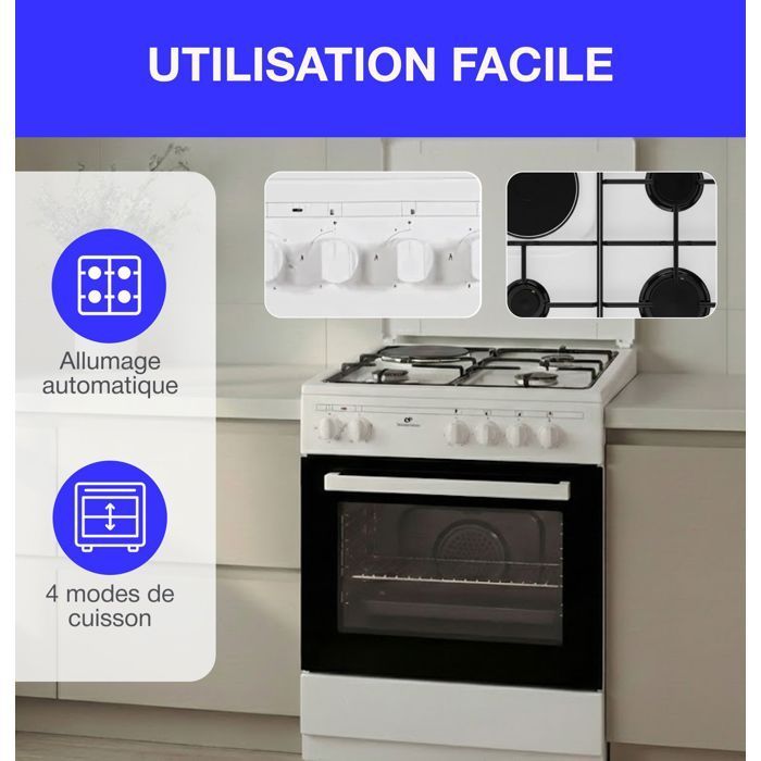 Continental Edison CECM60FCW combi-fornuis - 3 gasbranders + 1 elektrische brander - B59,8 x D61 x H83 cm - Wit