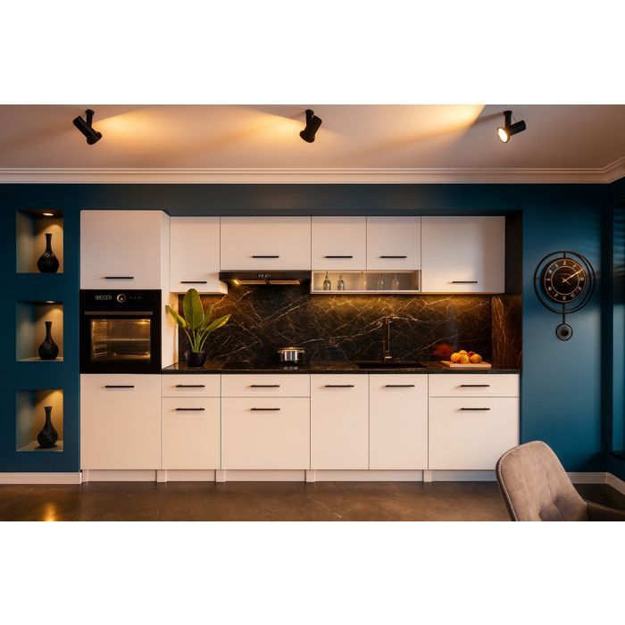 Cocina completa VIKI BLANCO MATE de 300 cm con columna de horno y 9 módulos de 18 mm.