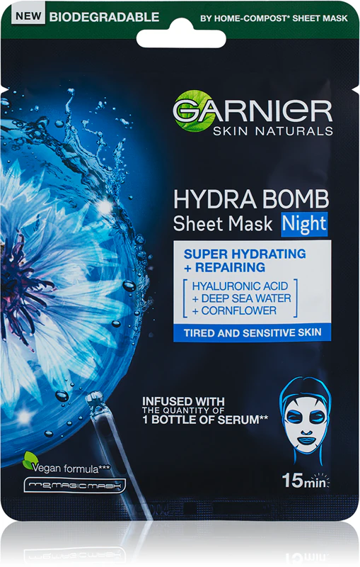 Výživná noční plátýnková maska Garnier Textil Masks Hydra Bomb
