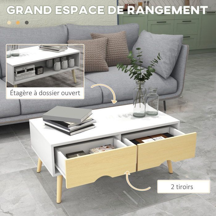 Mesa de centro rectangular con 2 cajones y 1 compartimento, 90x48x39 cm, blanco natural.