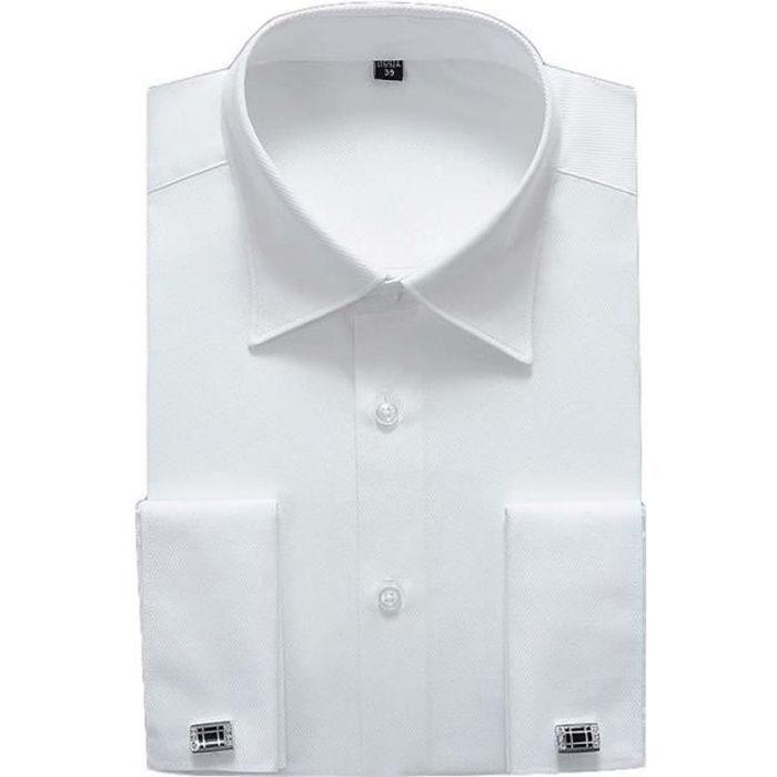 Camisa clásica de manga larga lisa de corte ajustado con puños franceses para hombre - Blanca