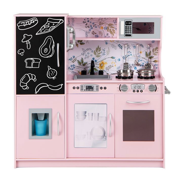 Cocina de madera infantil COSTWAY para niños de 3 a 6 años con teléfono, pizarra, microondas, máquina de hielo y 7 accesorios - Rosa claro