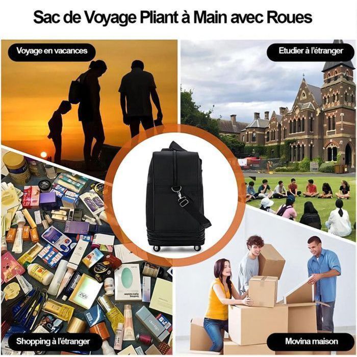 Sac de Sport - Extensible Pliable Duffle Bag avec Roues Rotatives à 360 ° Sac de Voyage Pliable à Trois Couches