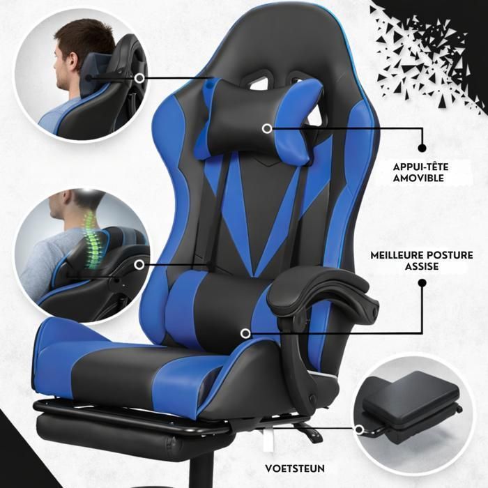 Bayt Chaise Gaming Ergonomique - Repose-Pieds Rétractable - Accoudoirs Réglables - Dossier Inclinable - Noir & Bleu Foncé